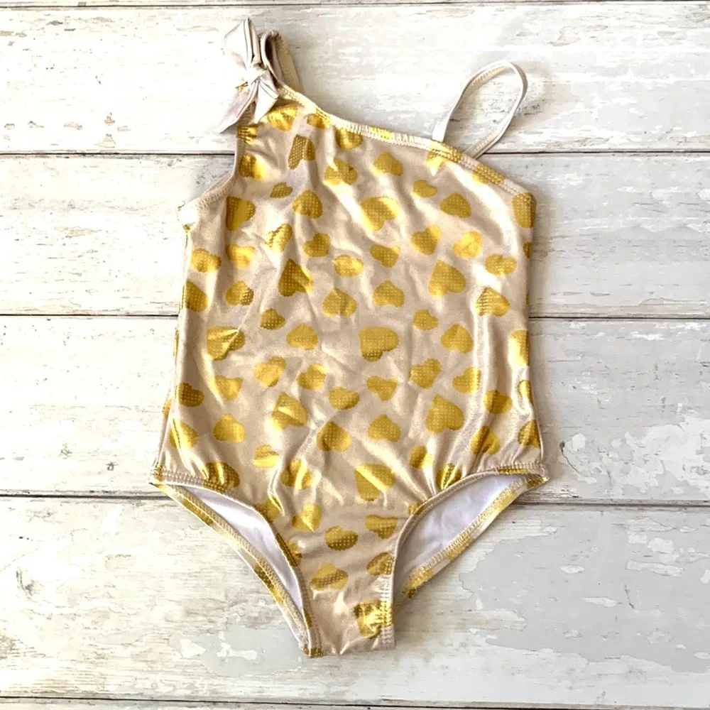 Girls 3T Swimsuit One Piece Baby Buns Brand Size 3 Gold Hearts Toddler Swim